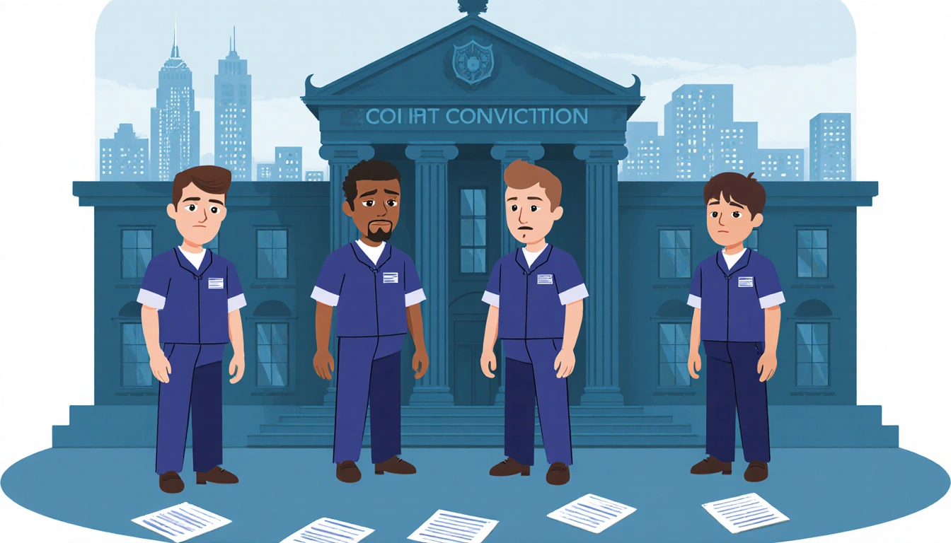 Four men in prison attire standing with overturned conviction papers and a courthouse cityscape backdrop