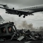 Private jet takes off from Esenboga airport with a twisted metal debris field on the tarmac and a smoke plume rising above.