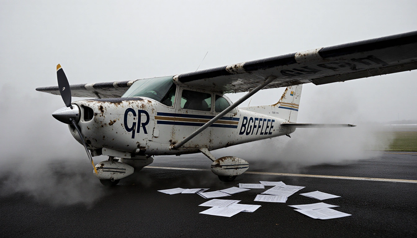 Private plane sits on misty runway with weathered wings and faded logo amid swirling fog and scattered flight records