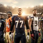 Six NFL players stand together in a stadium with sunset light glowing over the field and fans below.