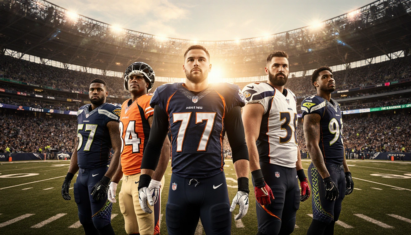 Six NFL players stand together in a stadium with sunset light glowing over the field and fans below.