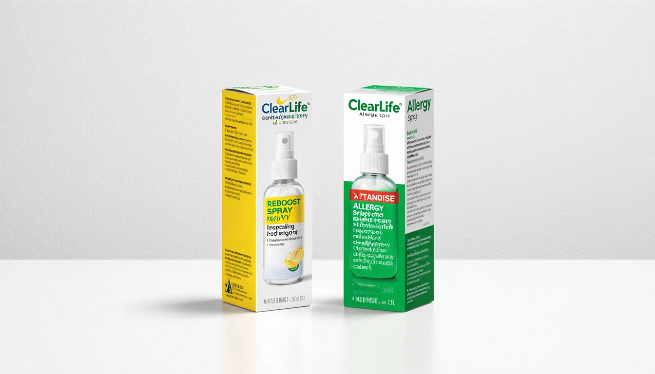 Product bottles side by side with white yellow box and white green box showing ReBoost spray and ClearLife Allergy spray