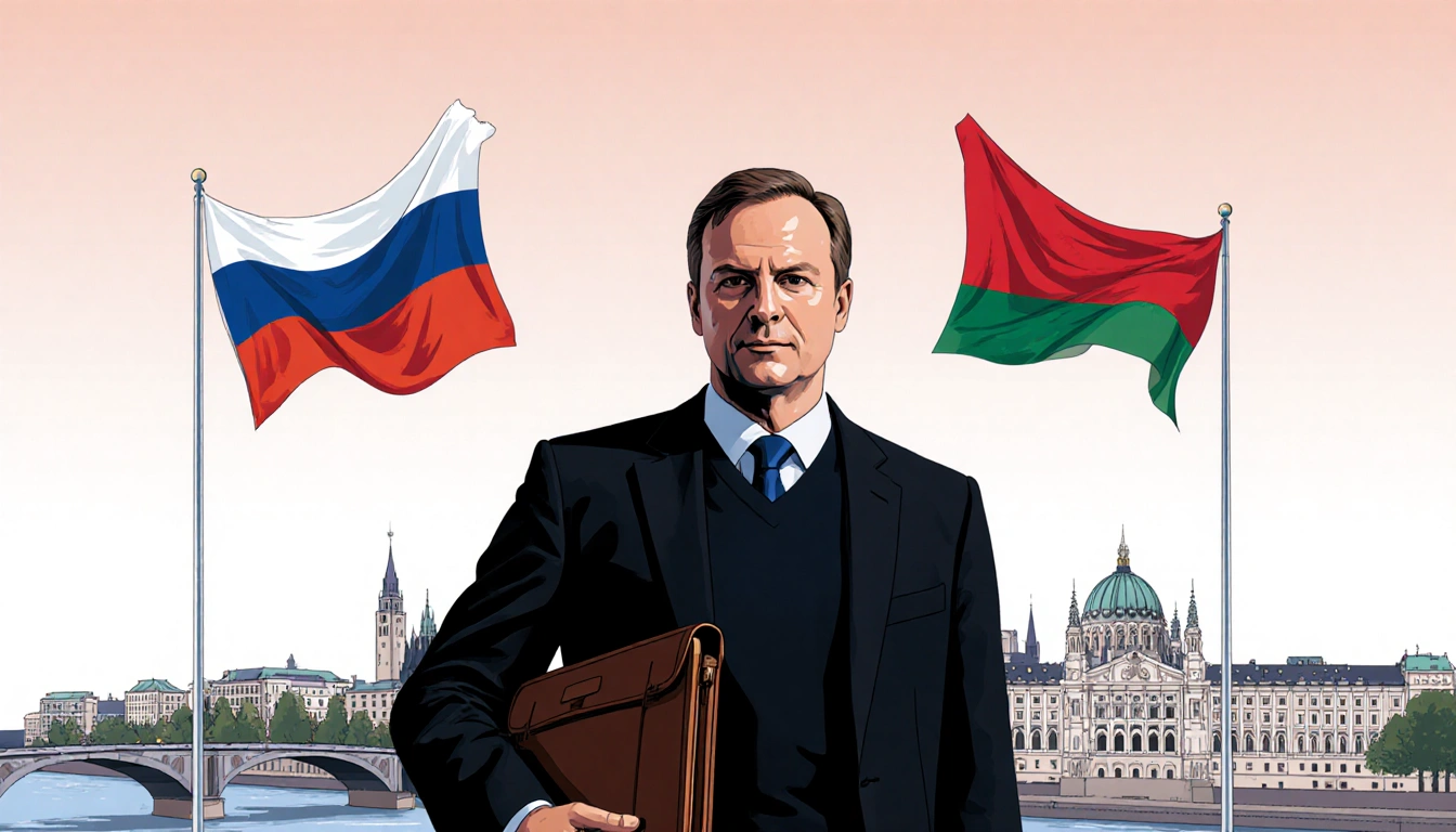 Robert Kert standing with briefcase and diplomatic flags in Vienna skyline looking directly at viewer with neutral expression