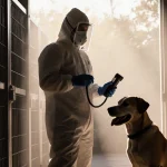 Veterinarian in hazmat suit holding microchip reader with kennel door ajar revealing happy dog at Austin Animal Services