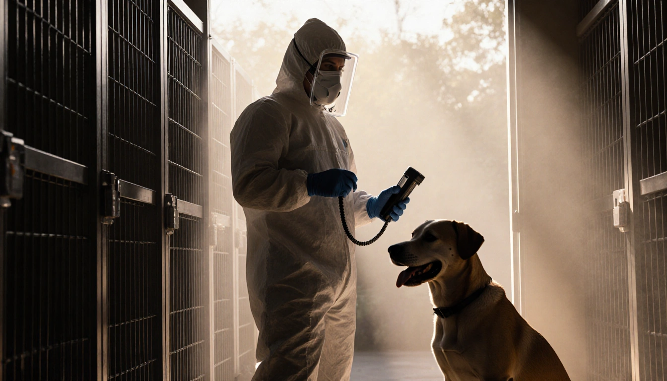 Veterinarian in hazmat suit holding microchip reader with kennel door ajar revealing happy dog at Austin Animal Services