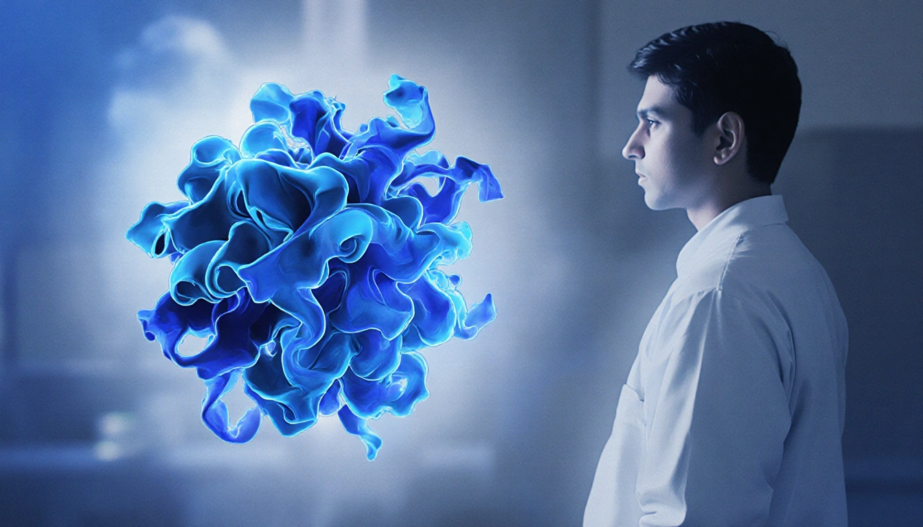 Protein model with wavy lines and gradient around misfolded regions with scientist outline watching.