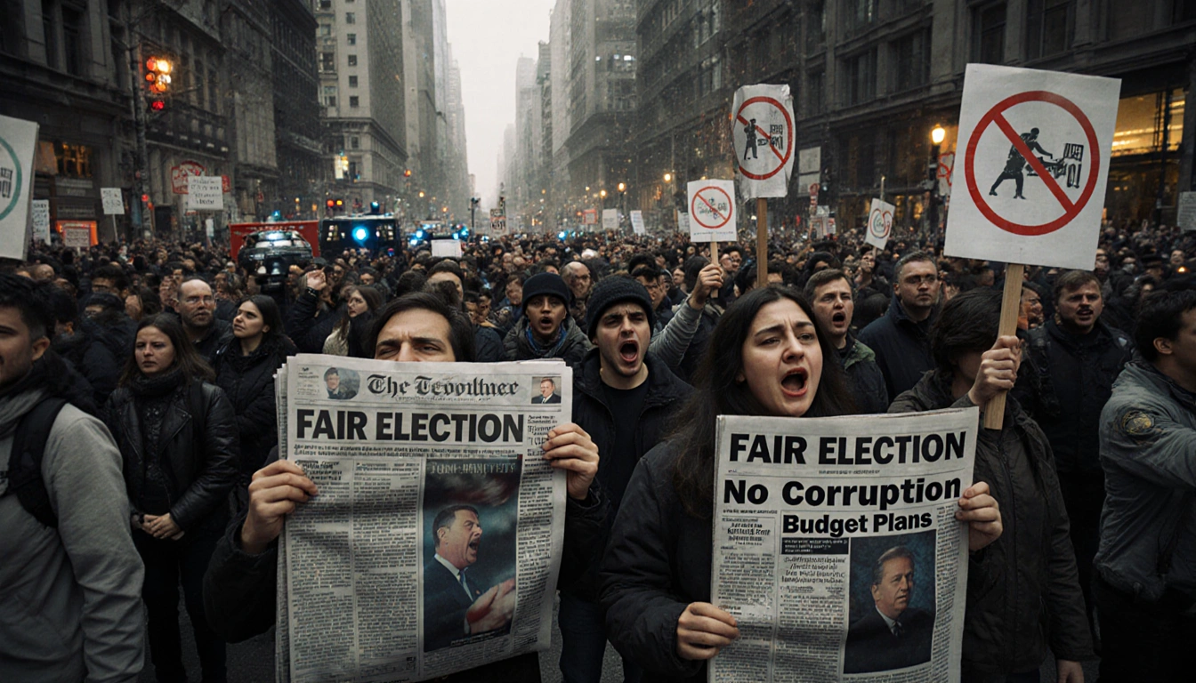 Protesters chant slogans with signs saying Fair Election and No Corruption near a crowded street with police in distance