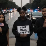 People standing together looking up with an American flag and a protest sign near parked police vehicles in Washington DC