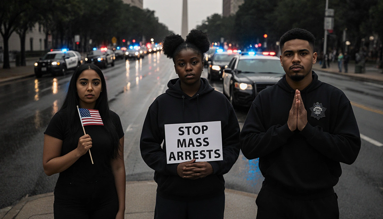 People standing together looking up with an American flag and a protest sign near parked police vehicles in Washington DC