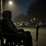Bench holds abandoned jacket and hoodie with flickering umbrella beside it on Providence street at dusk