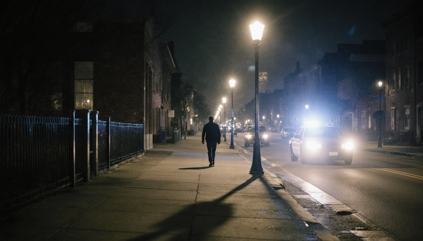 Streetlight casting long shadows on deserted sidewalk with a blurred man walking away in distance and police car passing.