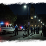 News crew setting up cameras and lights with police cruiser sirens and students huddled worried