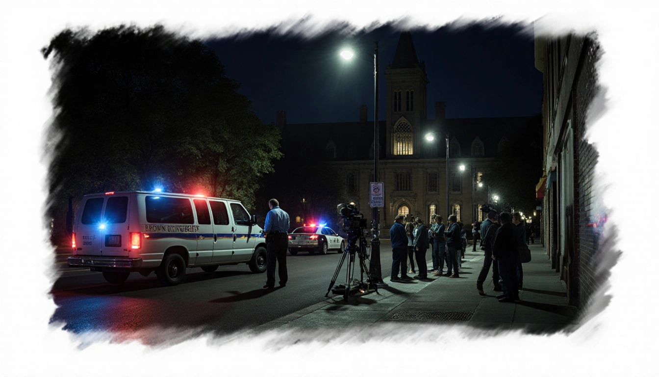 News crew setting up cameras and lights with police cruiser sirens and students huddled worried