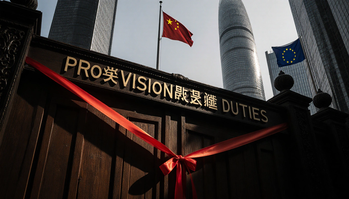 Ornate wooden gate displaying a red ribbon with a sign reading PROVISIONAL DUTIES above it near office towers and EU flag.
