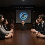 Diverse citizens listening to a commissioner in a dimly lit public hearing room with flags and a glowing screen.