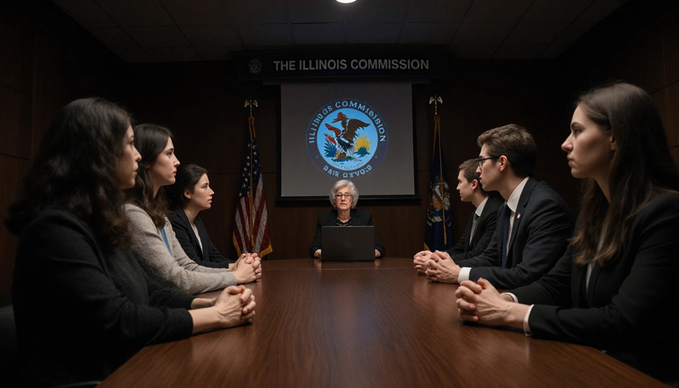 Diverse citizens listening to a commissioner in a dimly lit public hearing room with flags and a glowing screen.