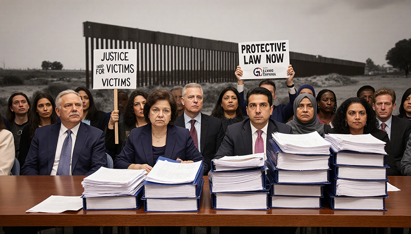 Community members gather around wooden table with Illinois documents scattered in foreground and protest signs in background
