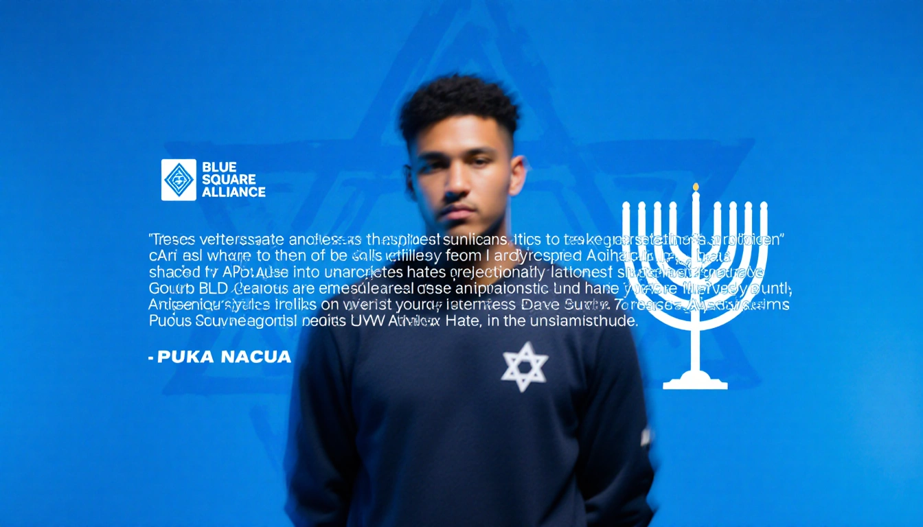 Puka Nacua standing blurred with Blue Square Alliance Against Hate logo and apology text and menorah in background