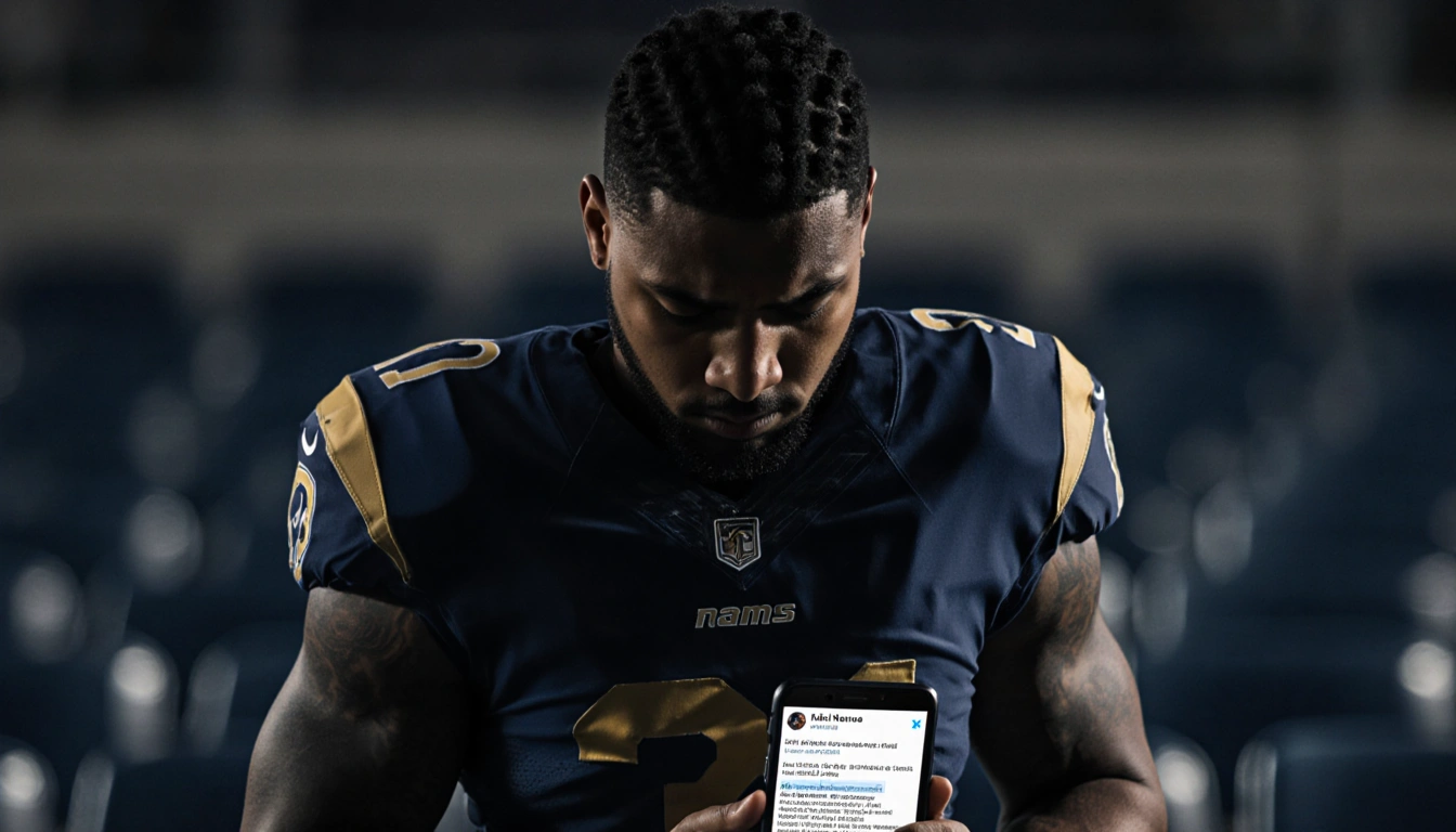 Puka Nacua standing alone with bowed head holding a smartphone showing an apologetic Instagram post in a dim stadium backdrop