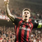 Christian Pulisic celebrating his opening goal with arms raised over San Siro where fans in red and black fill the stands.