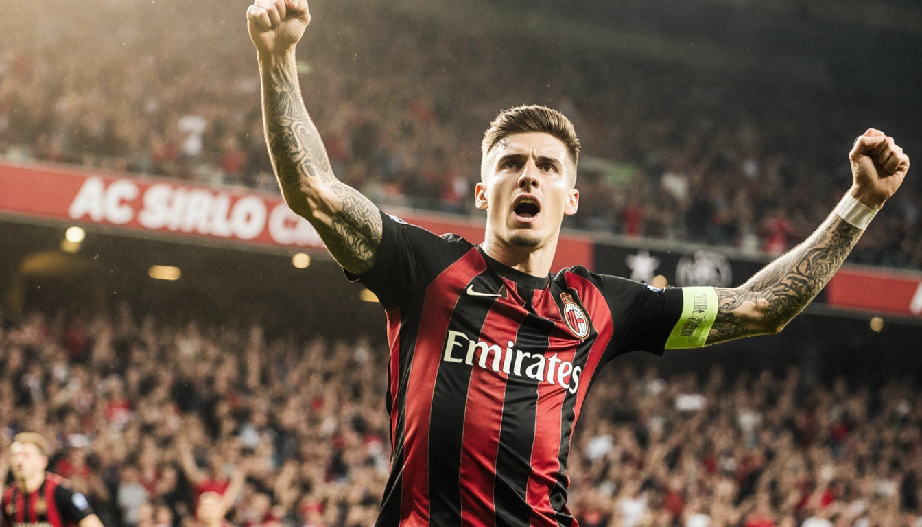 Christian Pulisic celebrating his opening goal with arms raised over San Siro where fans in red and black fill the stands.