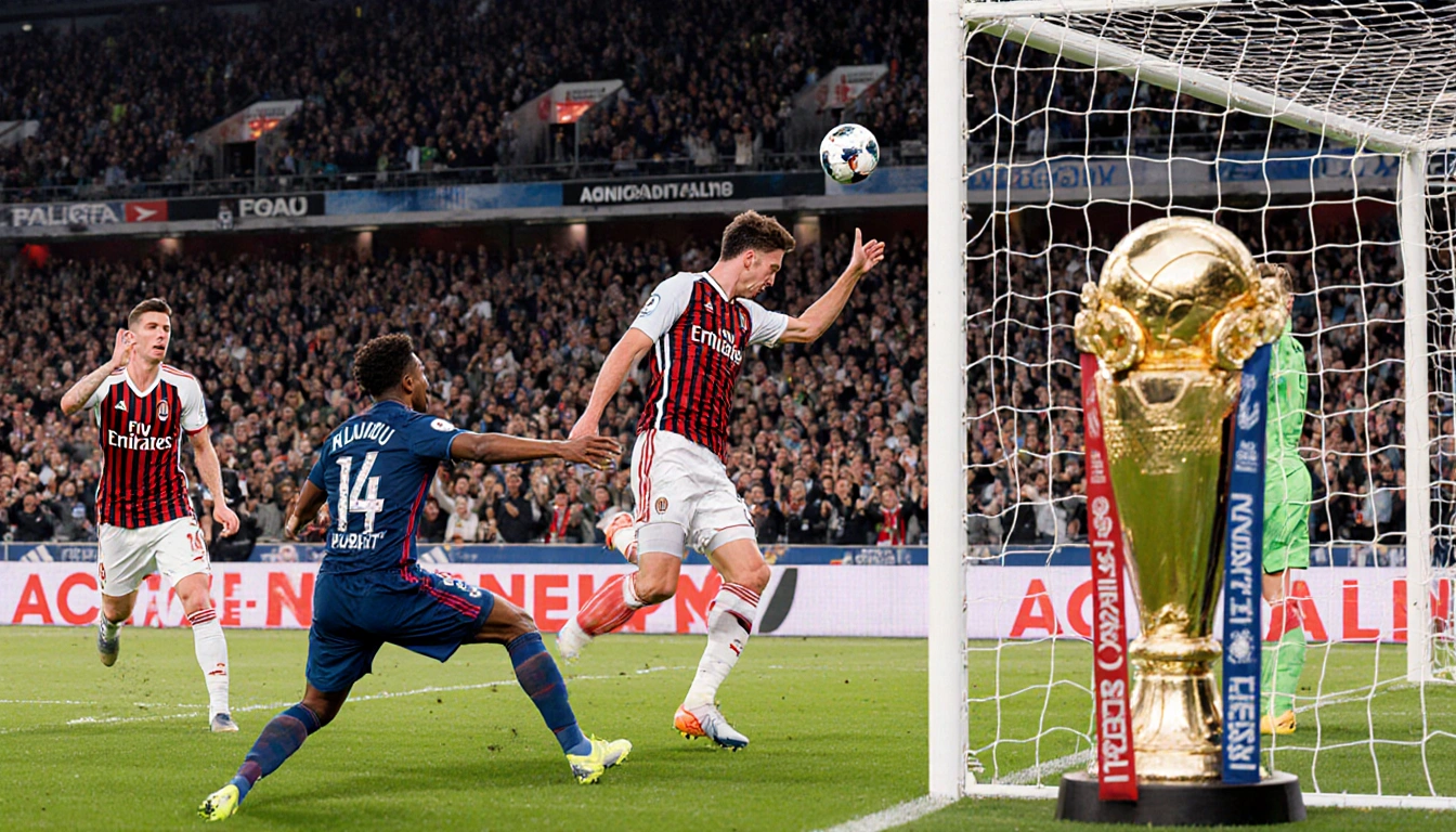 Pulisic striking a volley with Modric's corner kick and Nkunku celebrating near the blurred AC Milan stands