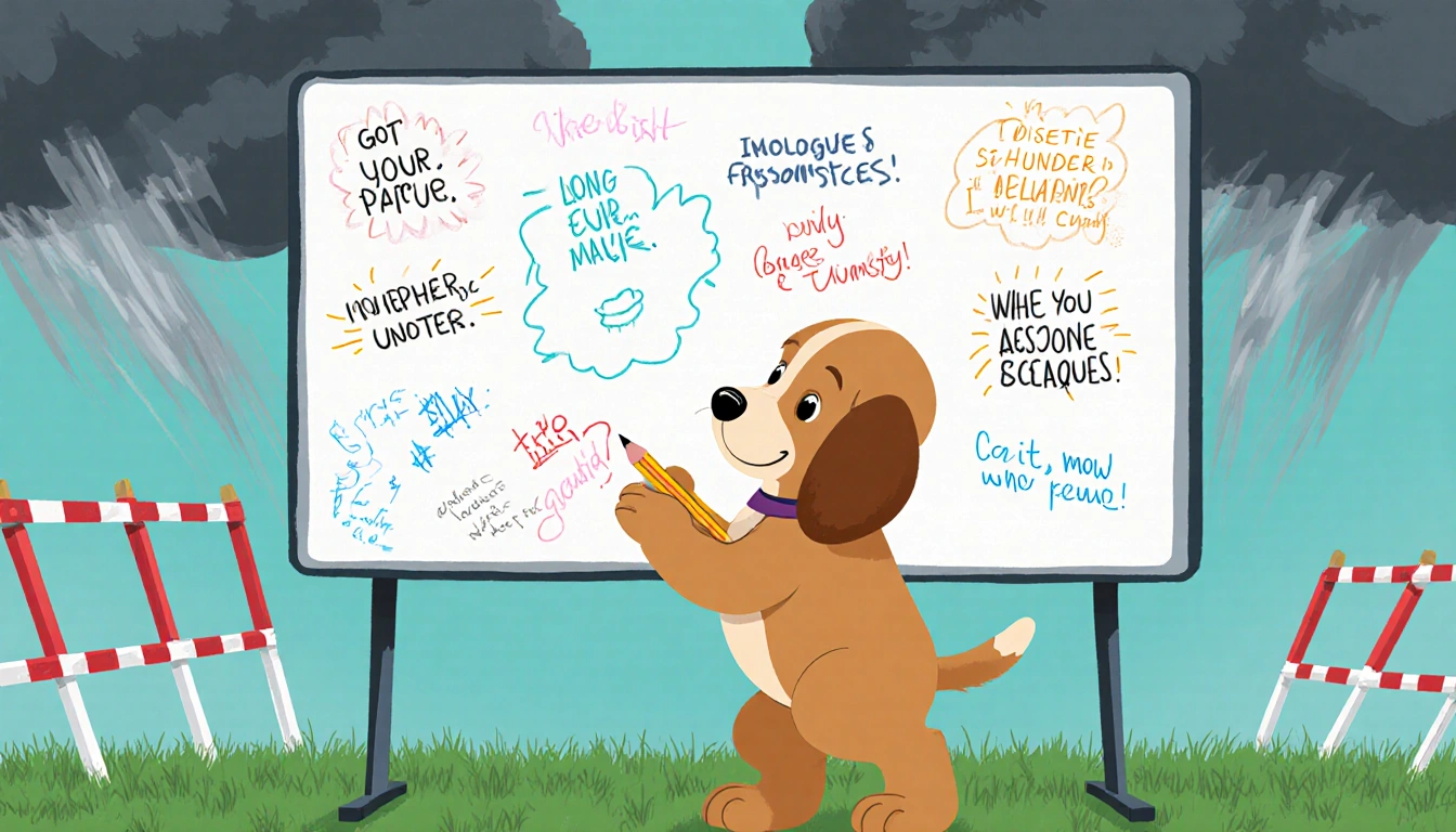 Determined puppy holds a pencil and writes on a whiteboard with scribbled notes while hurdles loom in background.