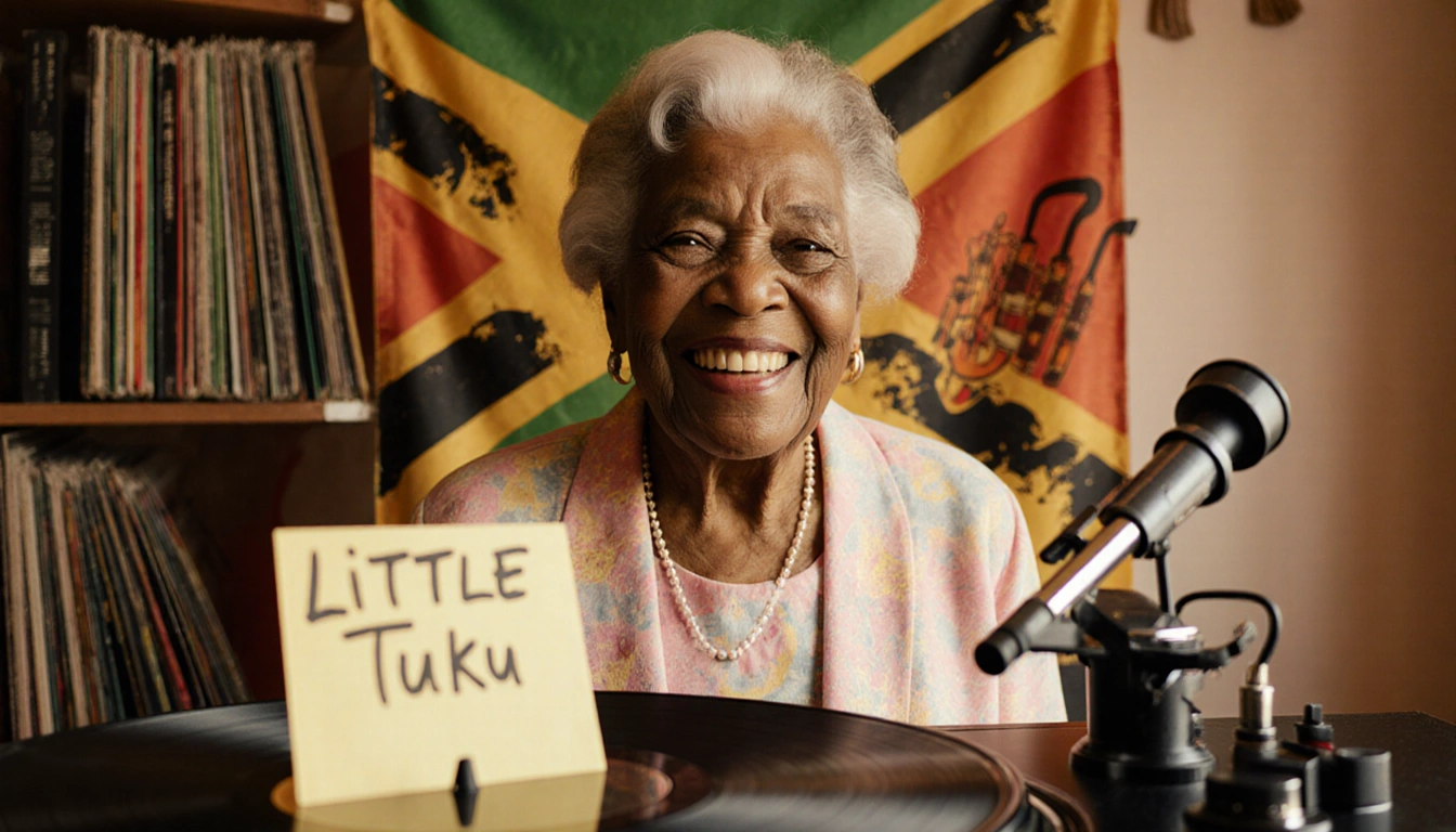 Elderly woman smiling with Jamaican backdrop and vinyl records and handwritten note on record player