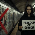 Young woman in black hoodie holds Freedom of Speech sign with red X Pussy Riot logo on faded poster in dimly lit subway tunne