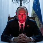 Putin seated at ornate table staring at camera with red glow behind and faded Ukrainian flag in background