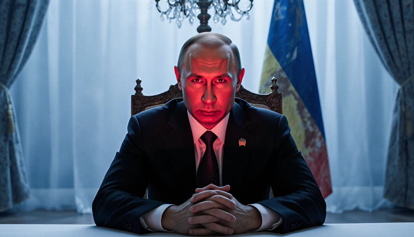 Putin seated at ornate table staring at camera with red glow behind and faded Ukrainian flag in background