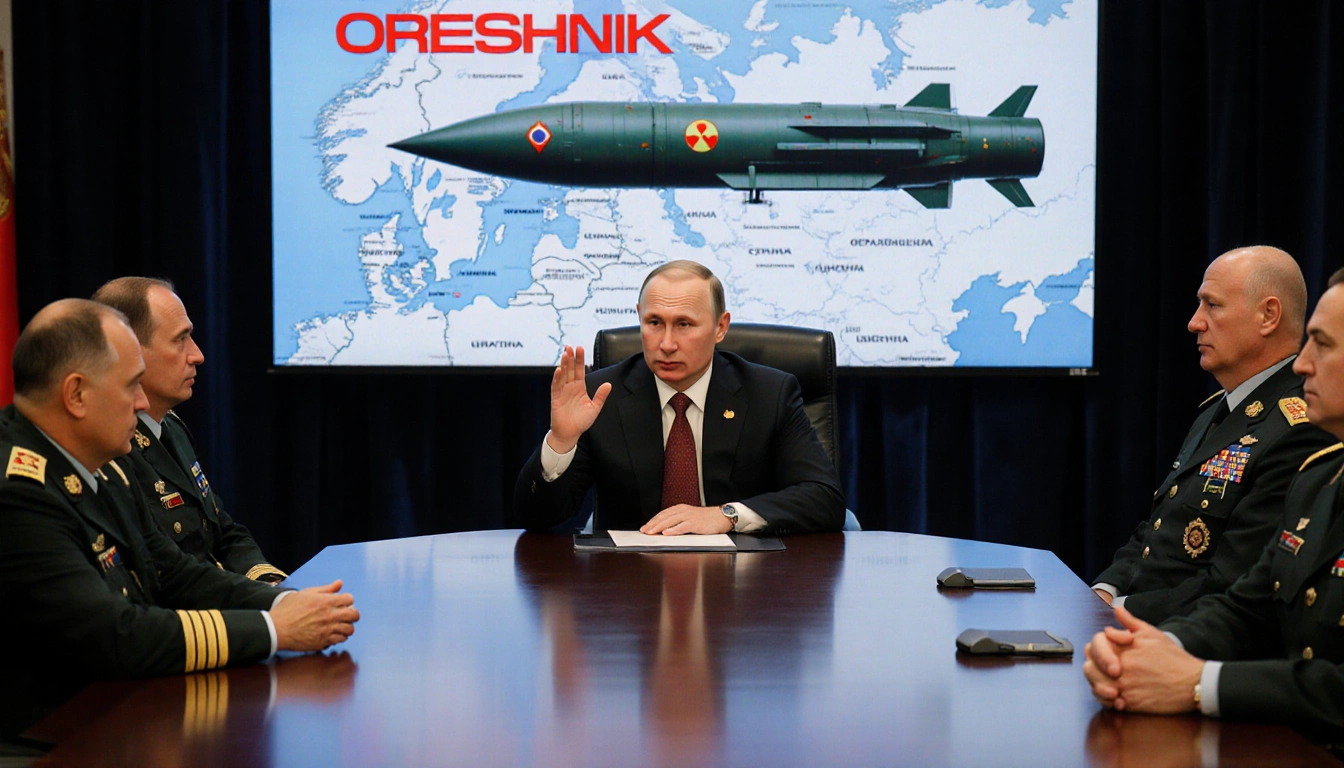 Putin gesturing at Oreshnik missile on screen with maps of Eastern Europe and officers listening in dimly lit room