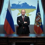 Putin standing behind ornate desk with dim lighting and a map screen showing Ukraine conflict