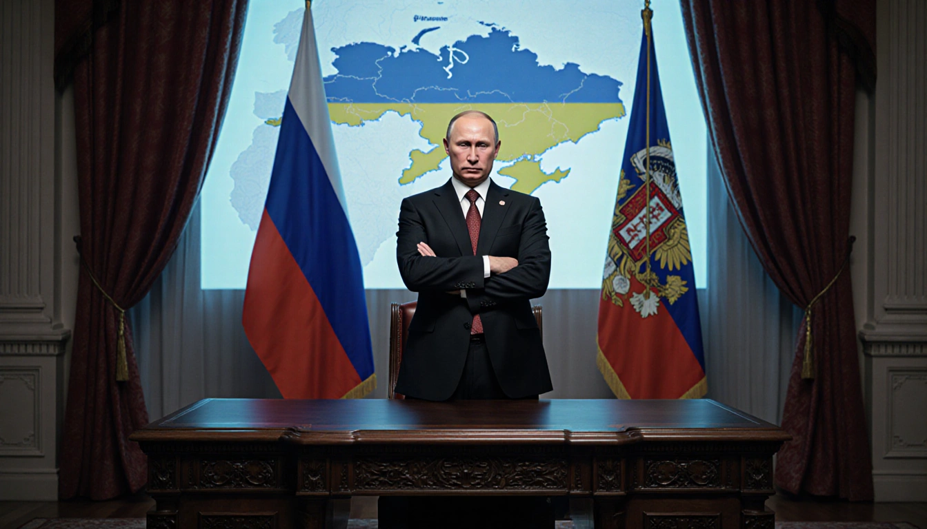 Putin standing behind ornate desk with dim lighting and a map screen showing Ukraine conflict