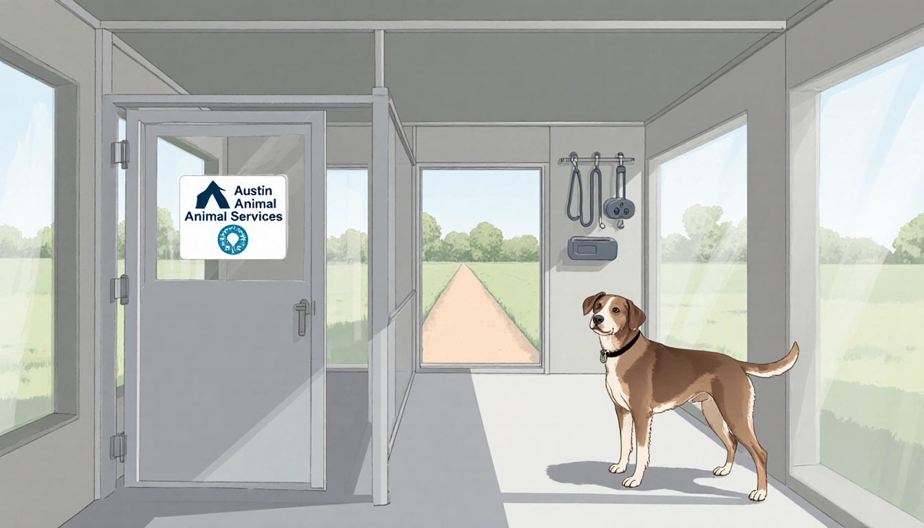 Dog resting in a clear kennel with a window and a quarantine sign beside a small pathway leading out.