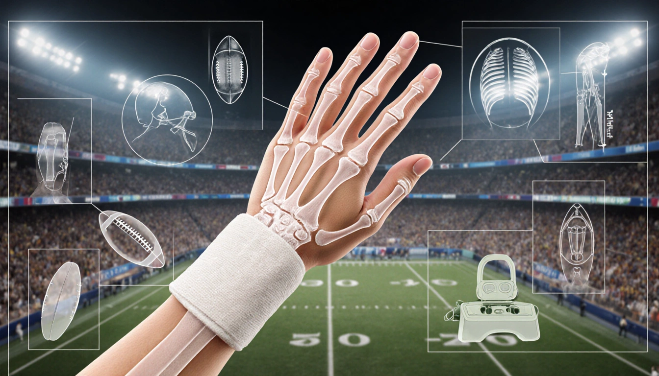 Quarterback McCarthy's hand shows fracture with bandage and X-ray in background.