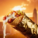 A Quesarito is unwrapped revealing melted cheese with a sunset sky and Austin cityscape in the background