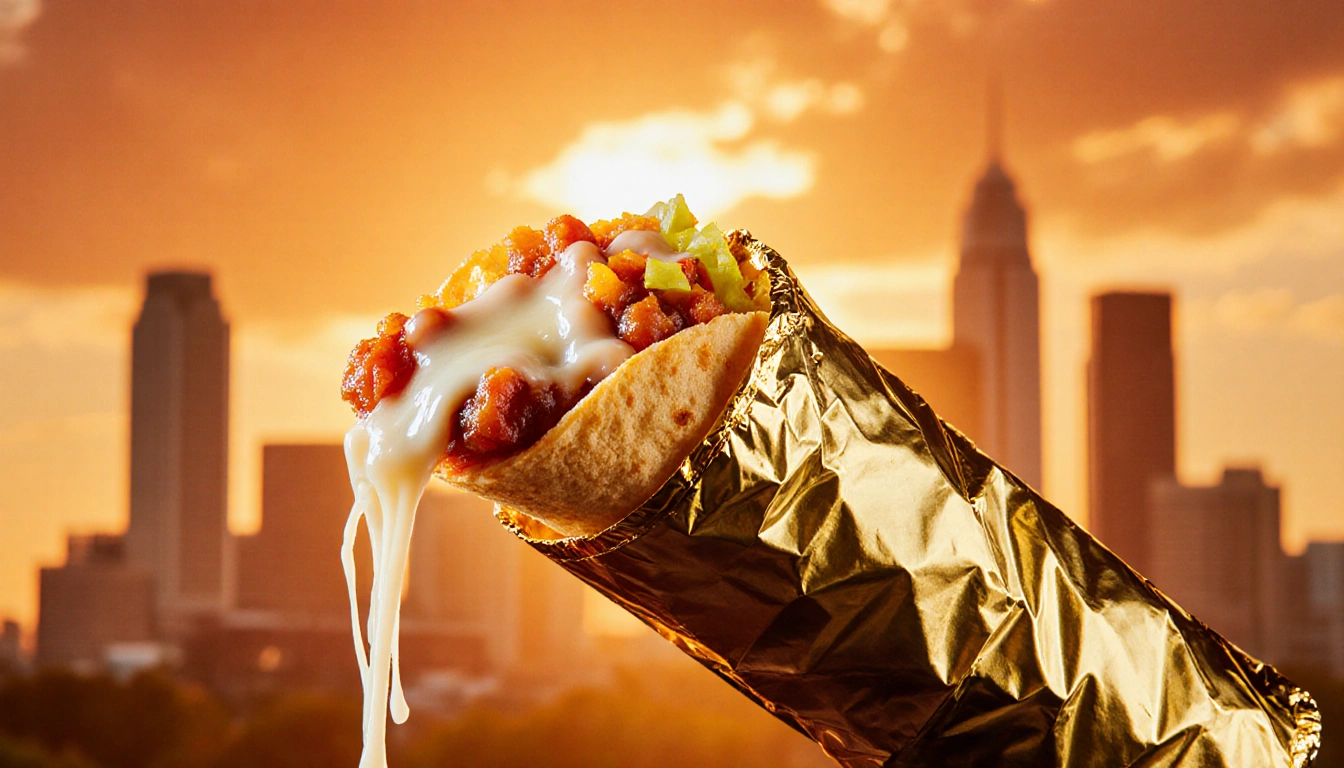 A Quesarito is unwrapped revealing melted cheese with a sunset sky and Austin cityscape in the background