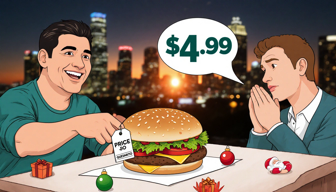 Quesarito sandwich placed on table with $4.99 tag and sunset backdrop while Luis smiles holding it and Nikola looks amused