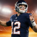 Quinn Ewers throwing football with Miami Dolphins lights and sunset glow