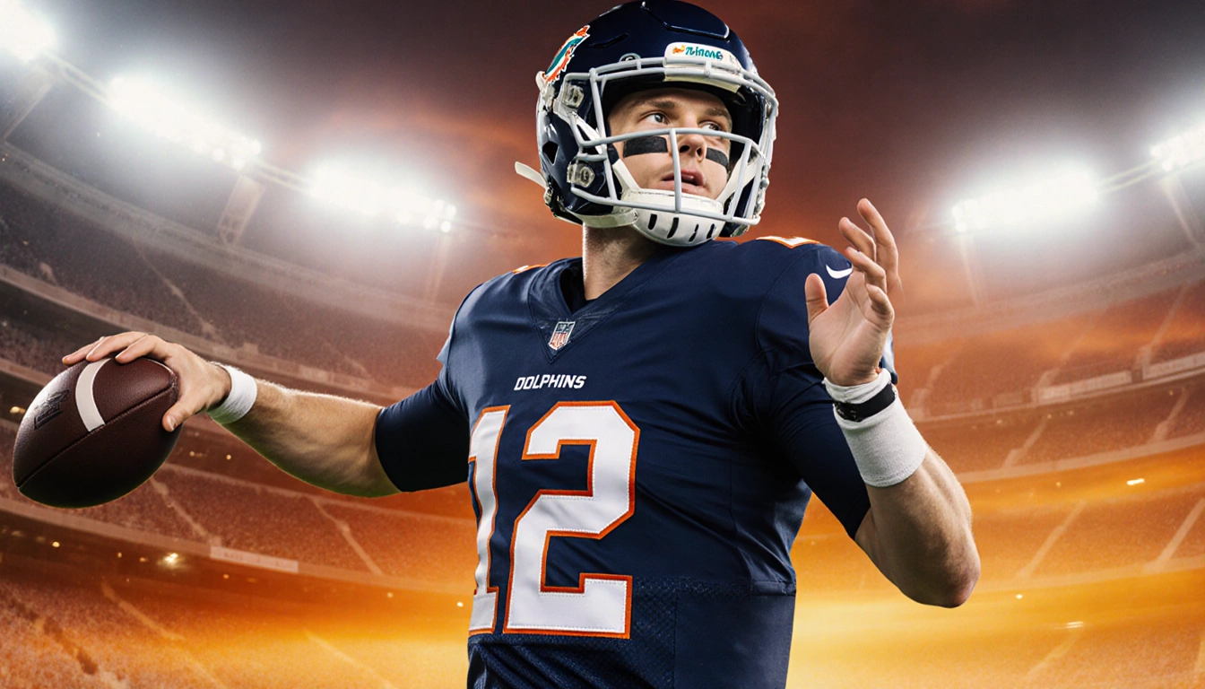 Quinn Ewers throwing football with Miami Dolphins lights and sunset glow