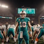 Quarterback Quinn Ewers stands behind the Dolphins offense line with teammates cheering and a scoreboard showing Bengals lead