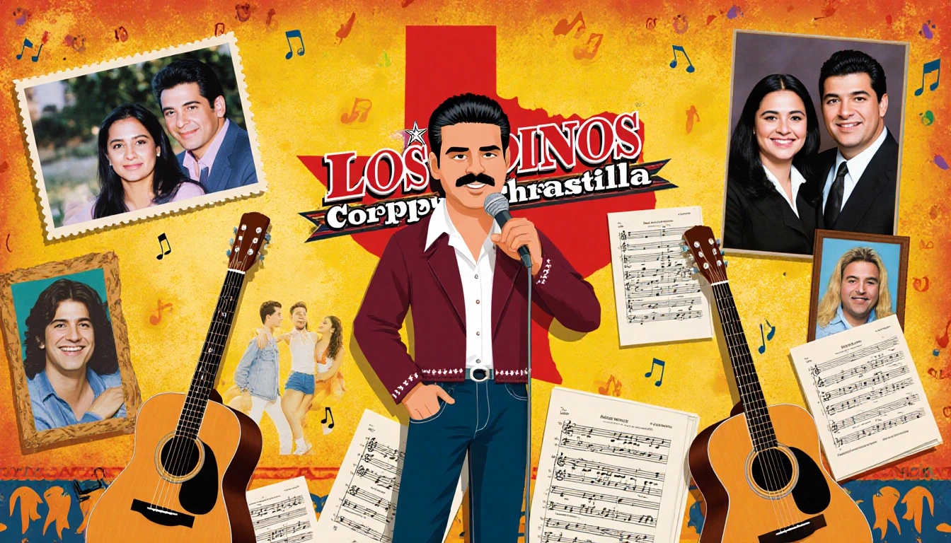 Abraham Quintanilla standing and holding a microphone with a backdrop and family photos of Selena and siblings, Tejano music