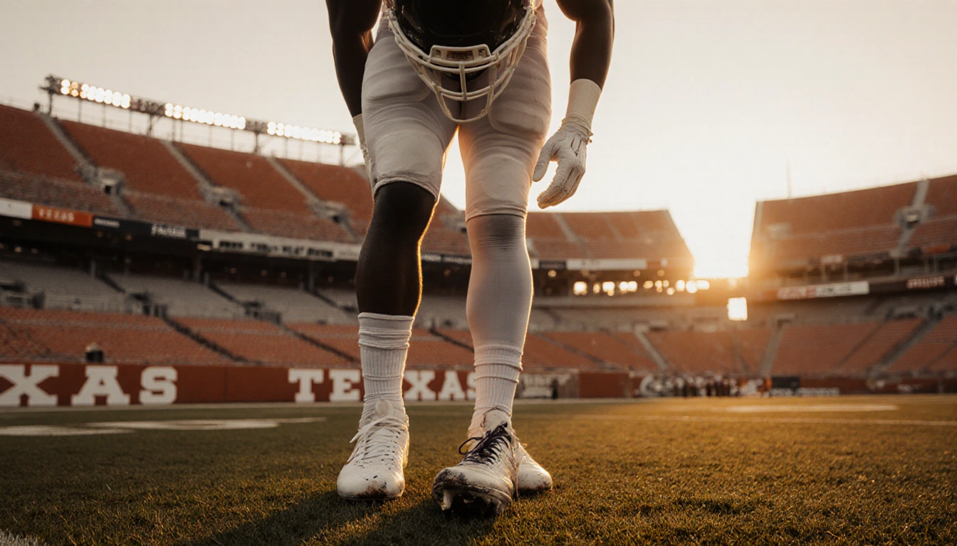 Quintrevion Wisner stands on University of Texas football field at dusk with a worn cleat in focus and golden light highlight