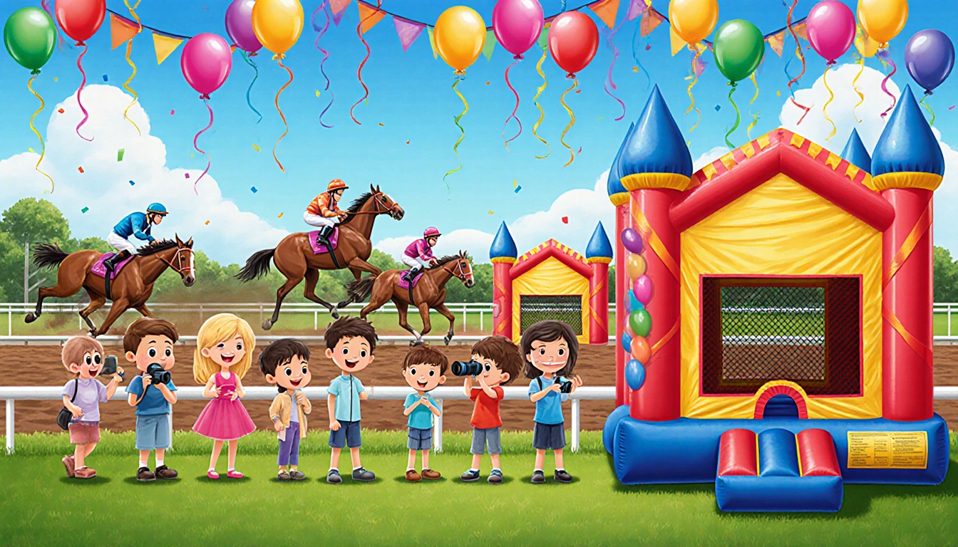 Kids watching jockeys at horse racing track with colorful bouncy castles and balloons.