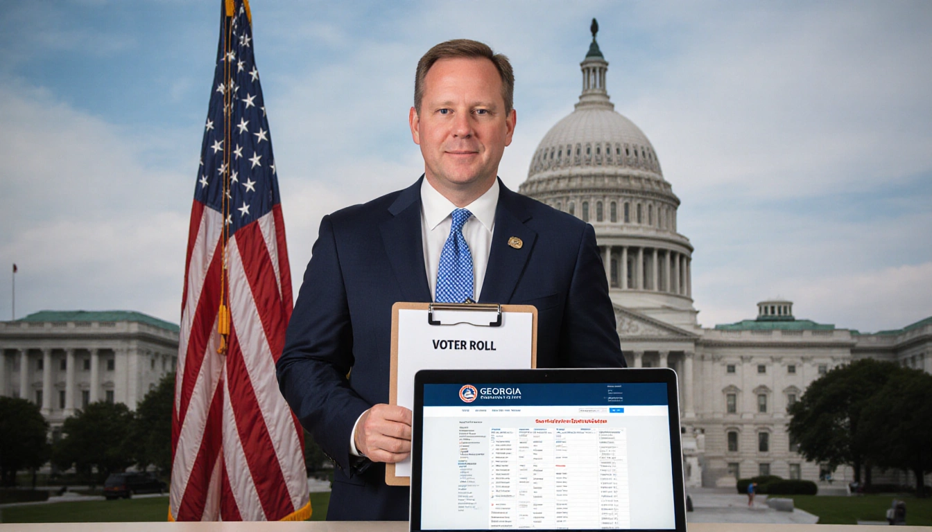 Secretary Raffensperger standing in front of the American flag with a clipboard labeled voter roll and a laptop displaying Ge