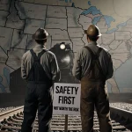 Two railroad workers looking down at a locomotive with a safety protest sign in foreground.