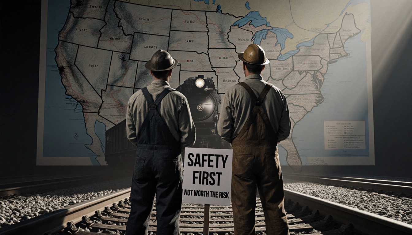 Two railroad workers looking down at a locomotive with a safety protest sign in foreground.