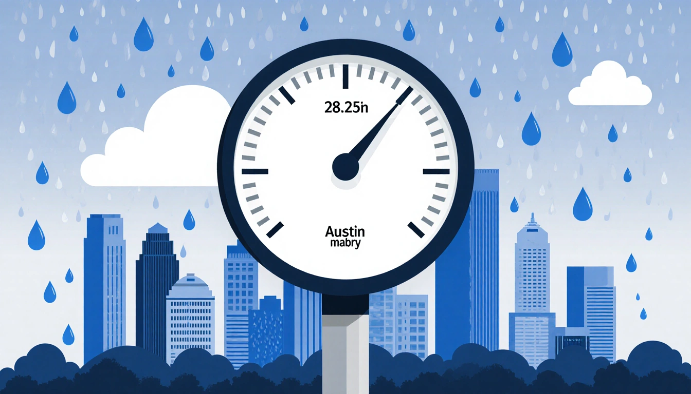 Rain gauge shows 28.25 in for Camp Mabry over Austin skyline with blue storm clouds and raindrop patterns