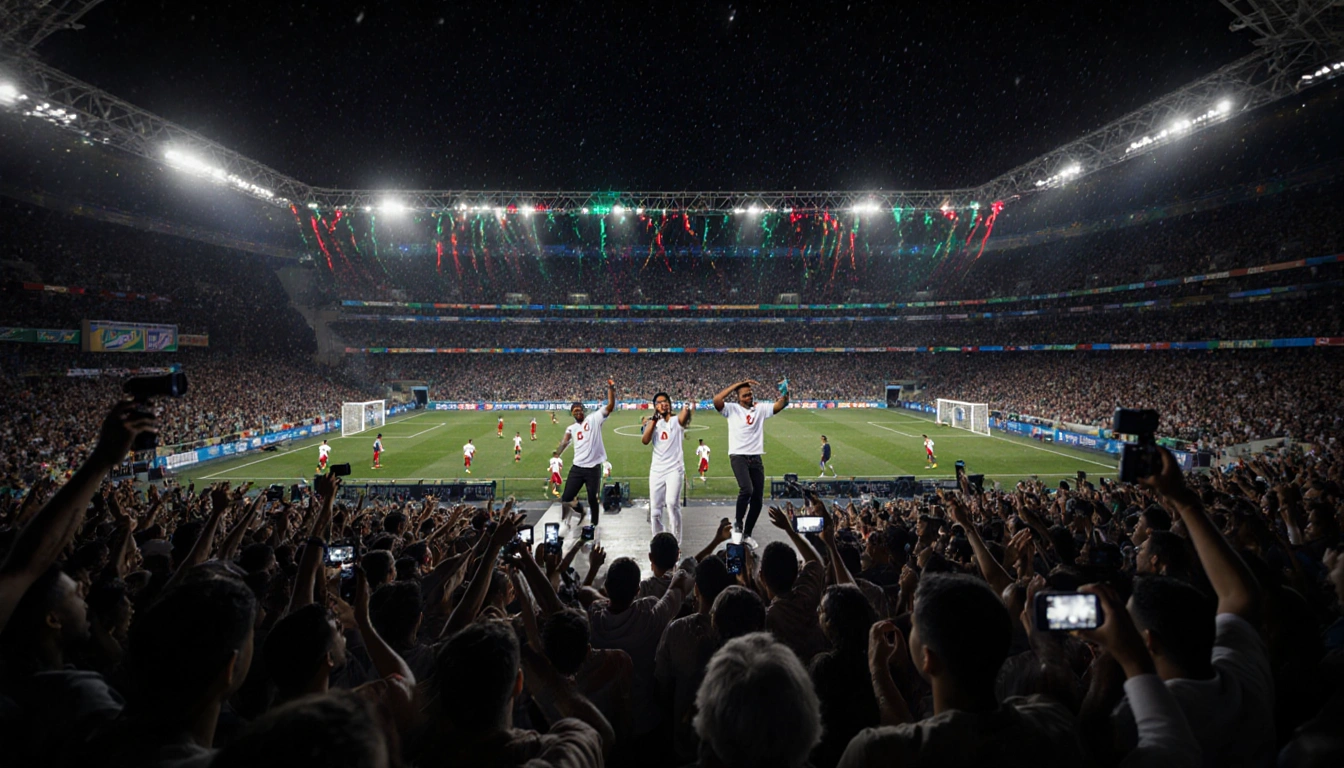 Angélique Kidjo singing with Jaylann and Lartiste amid flashing cameras and cheering fans watching Moroccan team on field